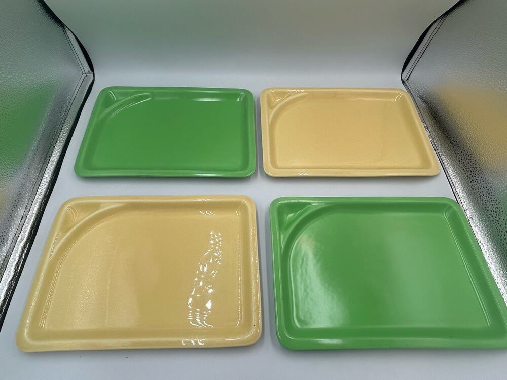 Vintage Cala Stoneware 4 Pc Tray Set Avocado Green Butter Yellow MCM Retro 70s